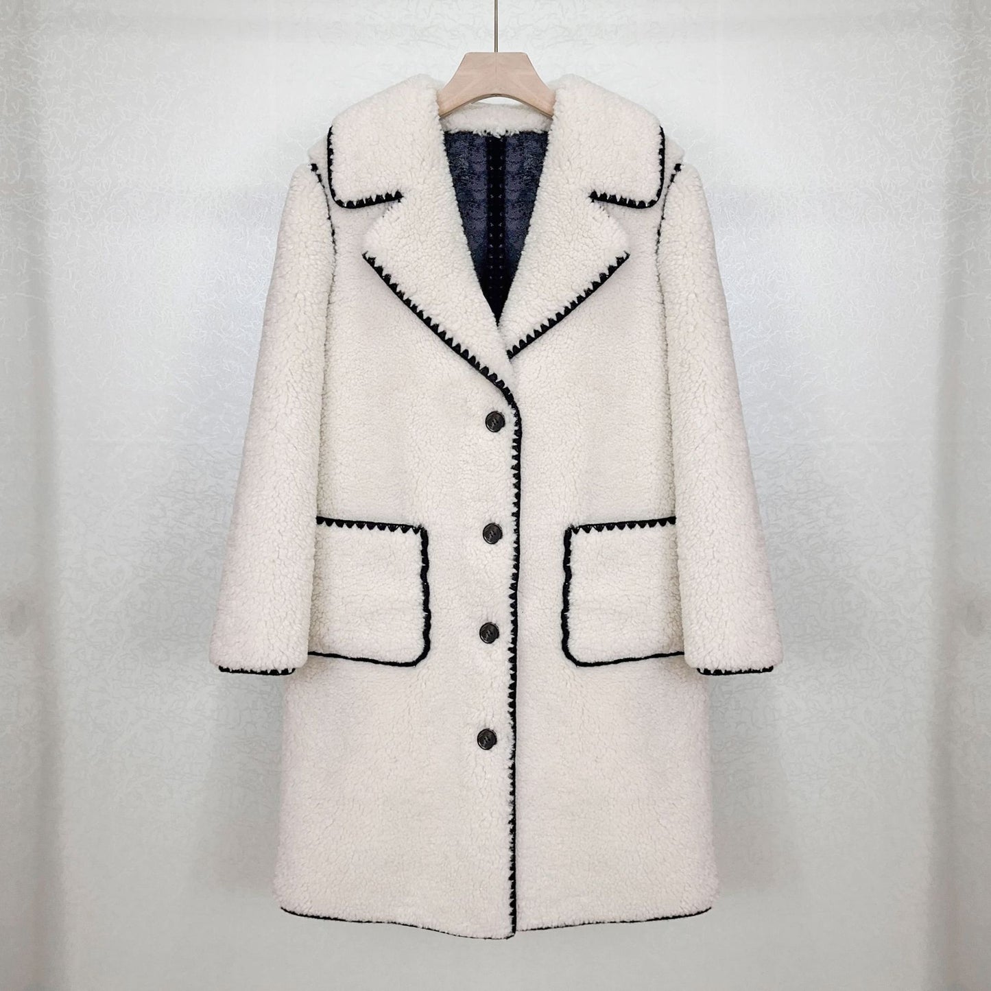 Fashion Women's Wear Casual Black And White Contrast Color Suit Collar Loose Long Furry Thick Overcoat Coat