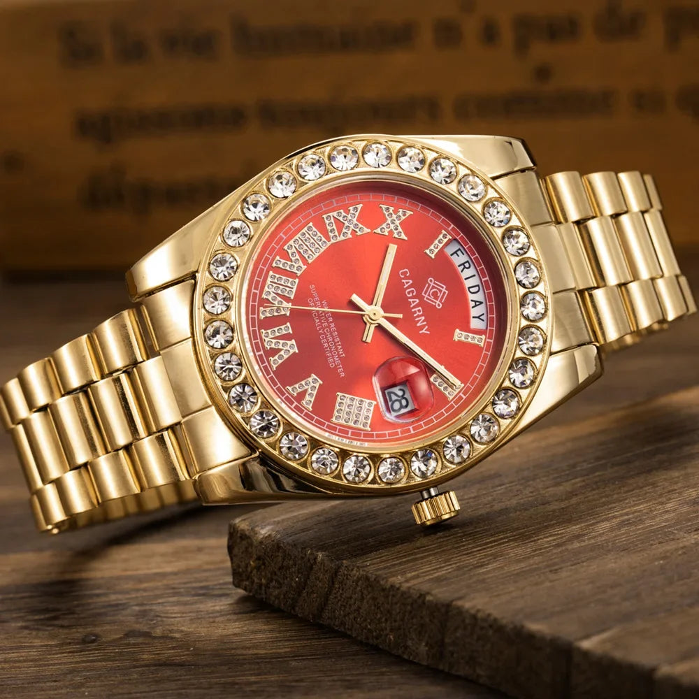 Luxury Crystal Diamond Gold Watch Men Quartz Stainless Steel Men Watches Calenda