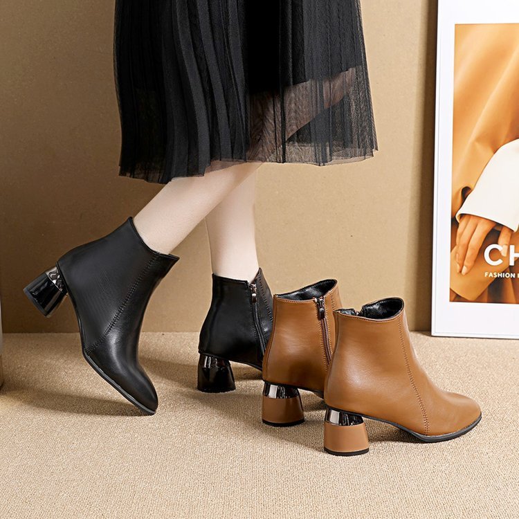 Autumn And Winter Short Boots Female Chunky Heel Soft Leather