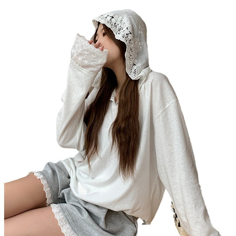 Crocheted Lace Stitching Hooded Loose Slimming And All-matching Top