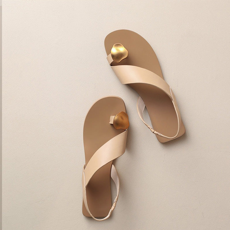 Fashion Casual All-match Buckle French Sandals Toe Covering Flat Women