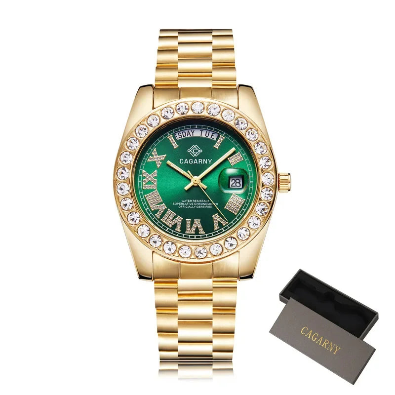 Luxury Crystal Diamond Gold Watch Men Quartz Stainless Steel Men Watches Calenda