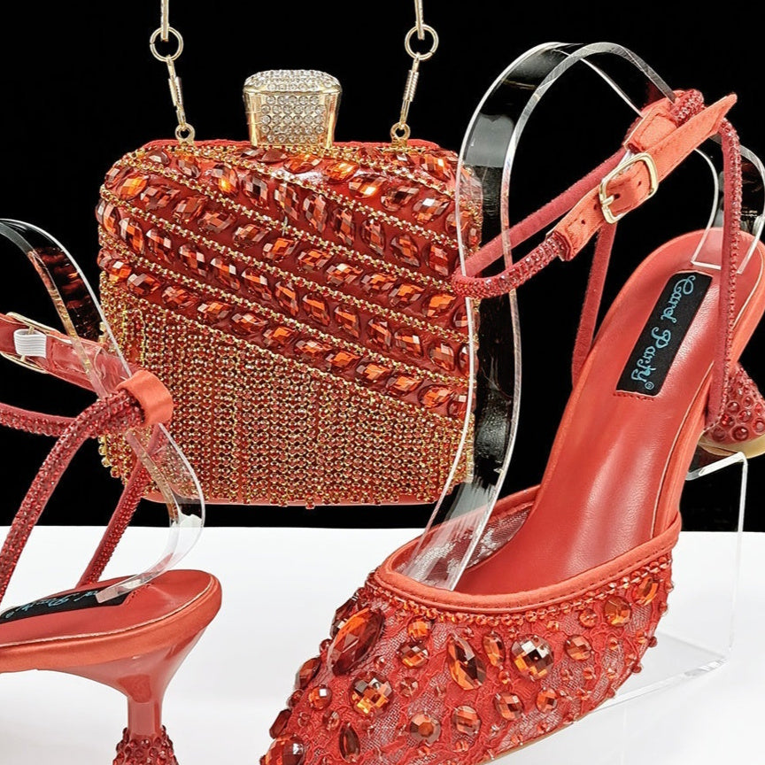 Large Rhinestone High Heel Sandals Three-dimensional Tassel Handbag Set