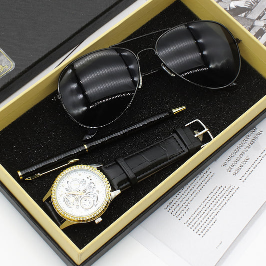 Montre à quartz pour homme Lunettes de soleil d'affaires Lunettes de soleil Stylo Coffret cadeau