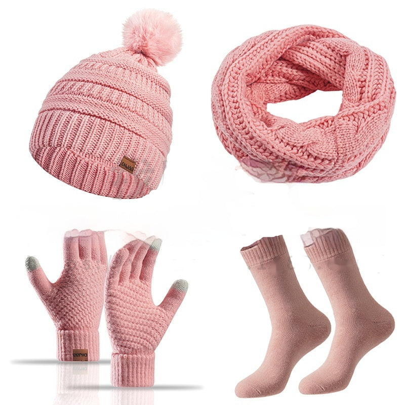 Winter Female Cap Scarf Gloves And Socks Four-piece Set