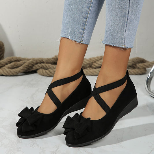 Suede Bow Cross Elastic Band Wedge Oversized Shoes