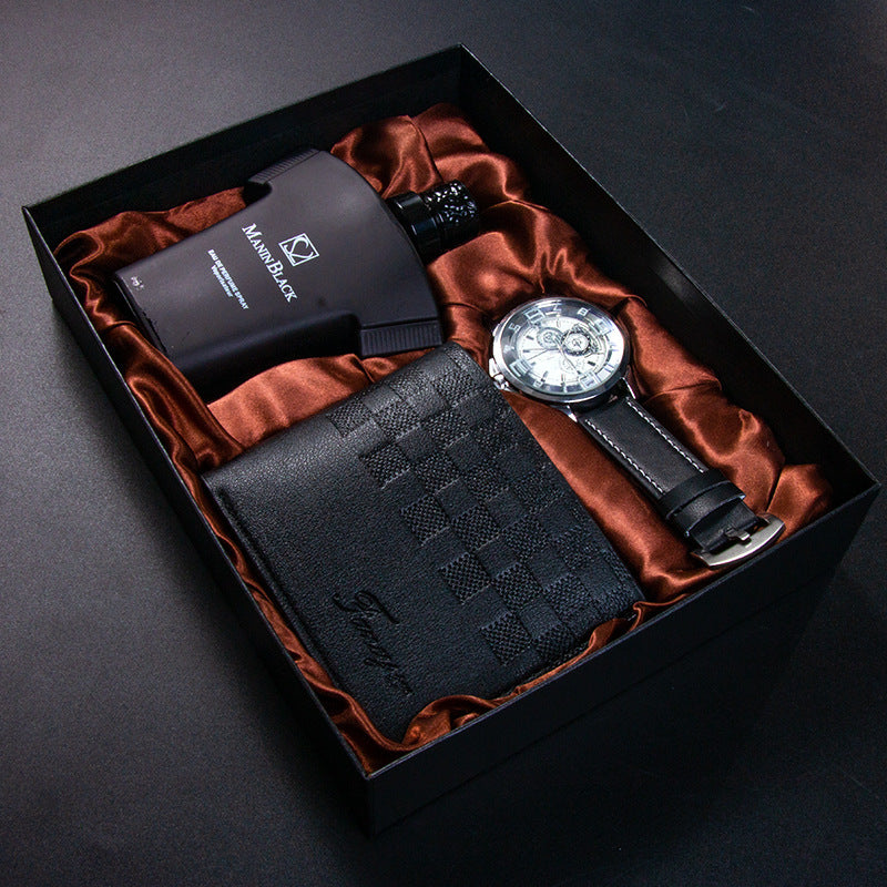 Cadeau d'anniversaire Montre à quartz Ceinture en cuir Portefeuille Kit de parfum