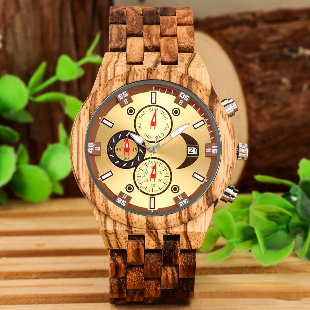 Nouvelle montre à quartz multifonctionnelle avec calendrier et bracelet en bois