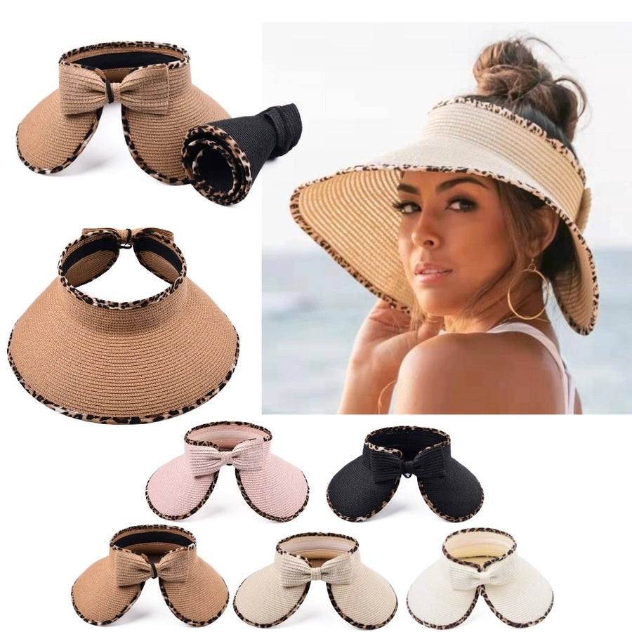 women's simple style commute leopard patchwork wide eaves straw hat