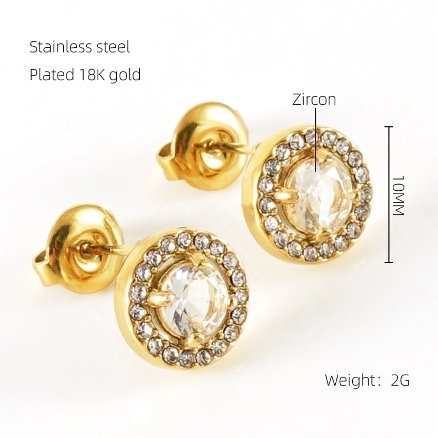 1 Pair Glam Sun Water Droplets Heart Shape Inlay Stainless Steel Rhinestones Zircon 18K Gold Plated Ear Studs