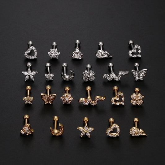 1 piece fashion heart shape inlay stainless steel zircon ear studs